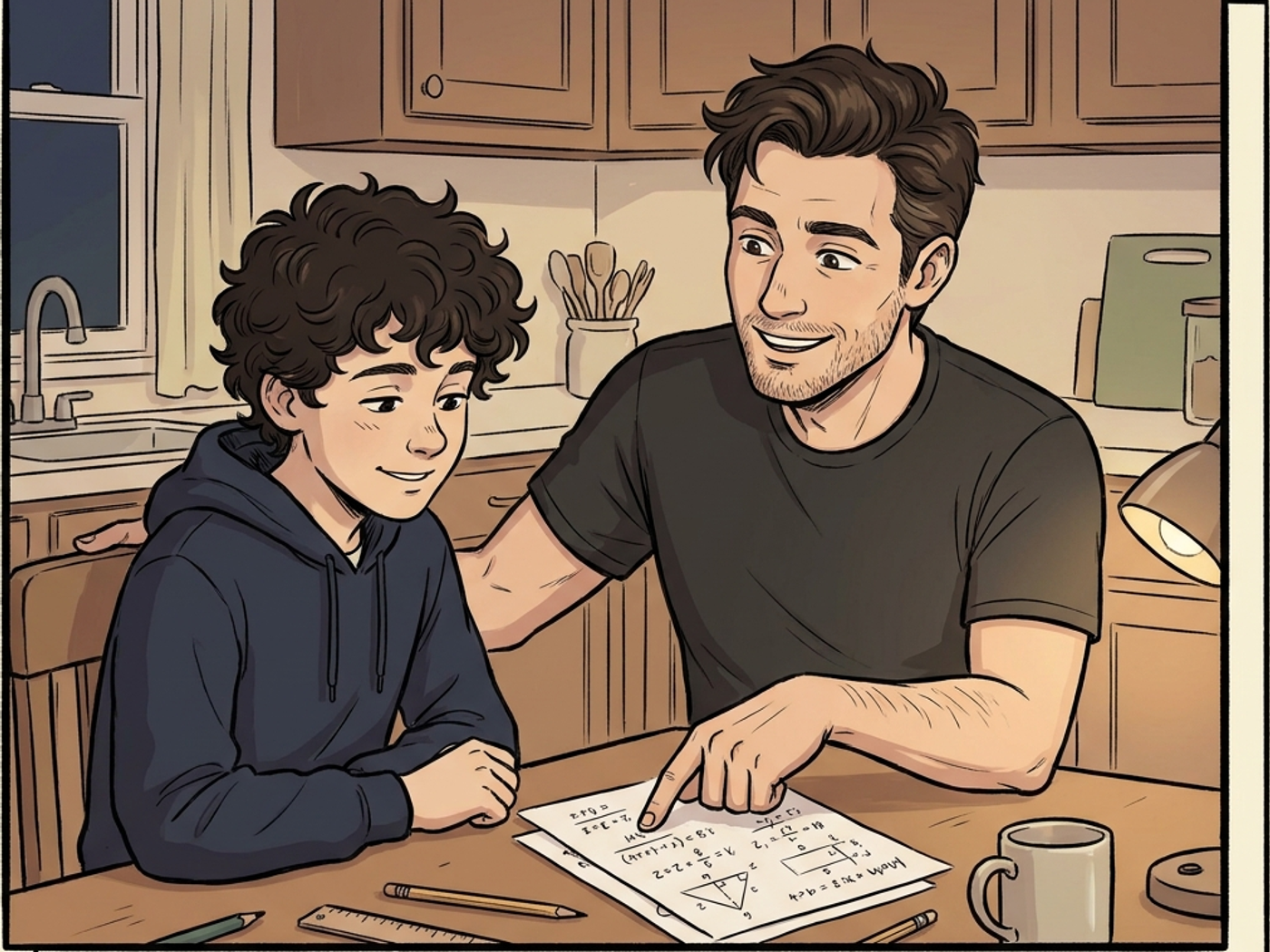 A dad and his teenage son at the kitchen table, working through maths homework together