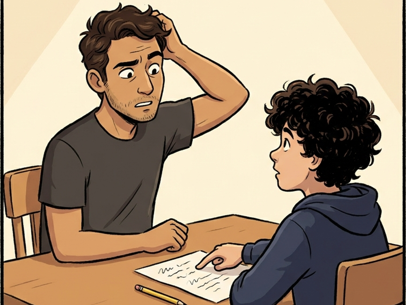 The son points at a hard problem while his dad, stumped, scratches his head