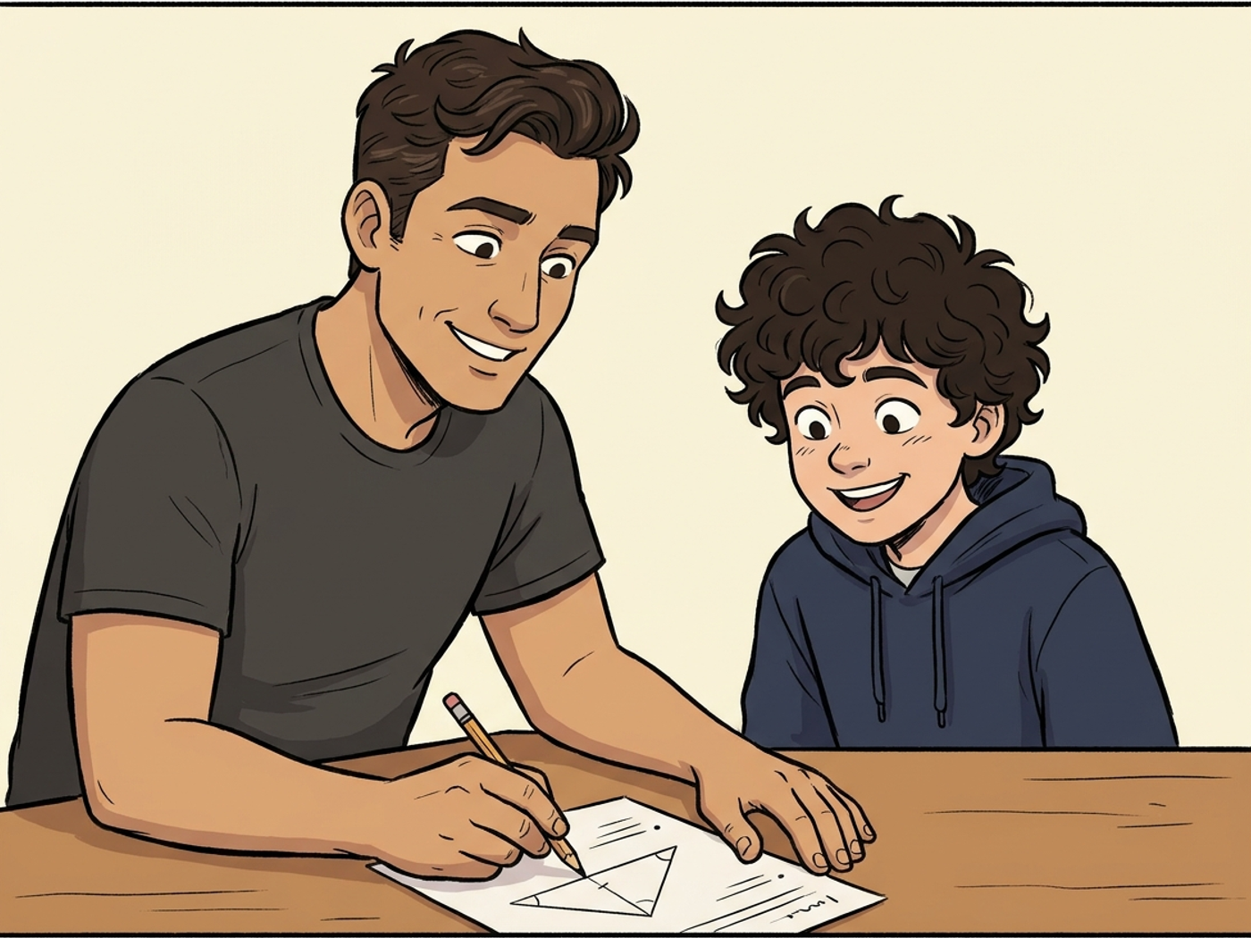 The dad draws a diagram to explain, and his son's face lights up with understanding