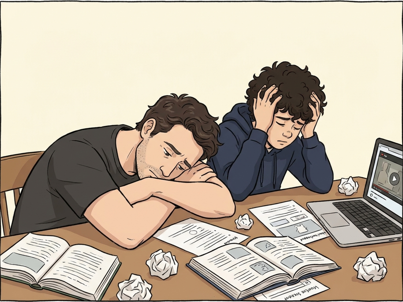 The table covered in textbooks, printed worksheets and crumpled paper, both of them slumped