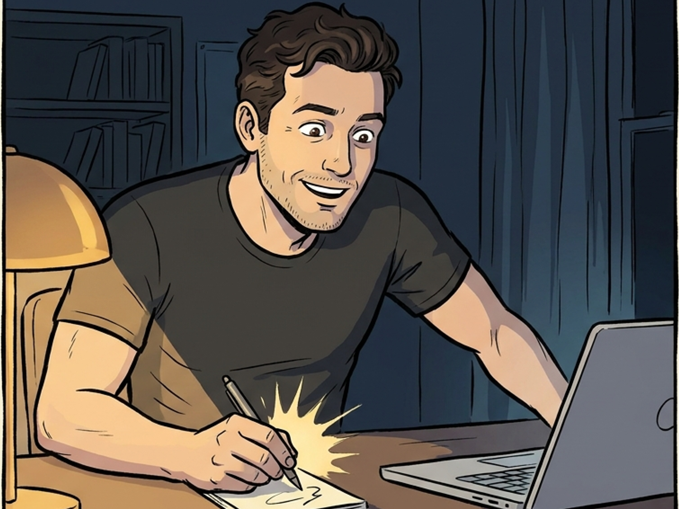 The dad alone at a desk late at night, sketching an idea by lamplight