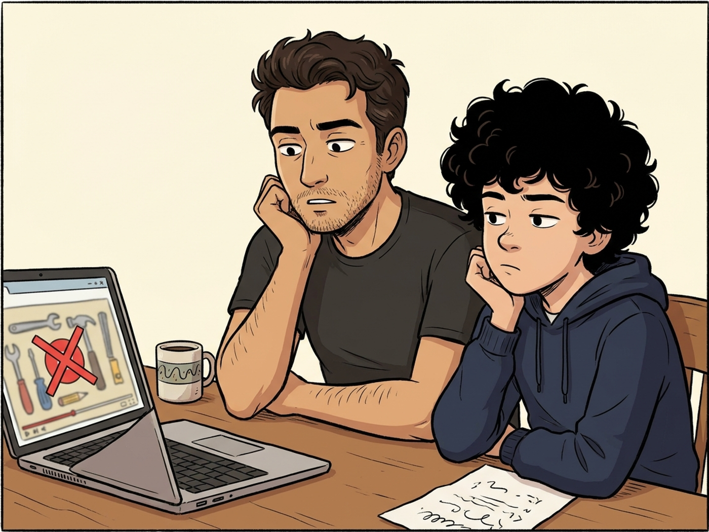 Father and son watching a tutorial video on a laptop, both unimpressed