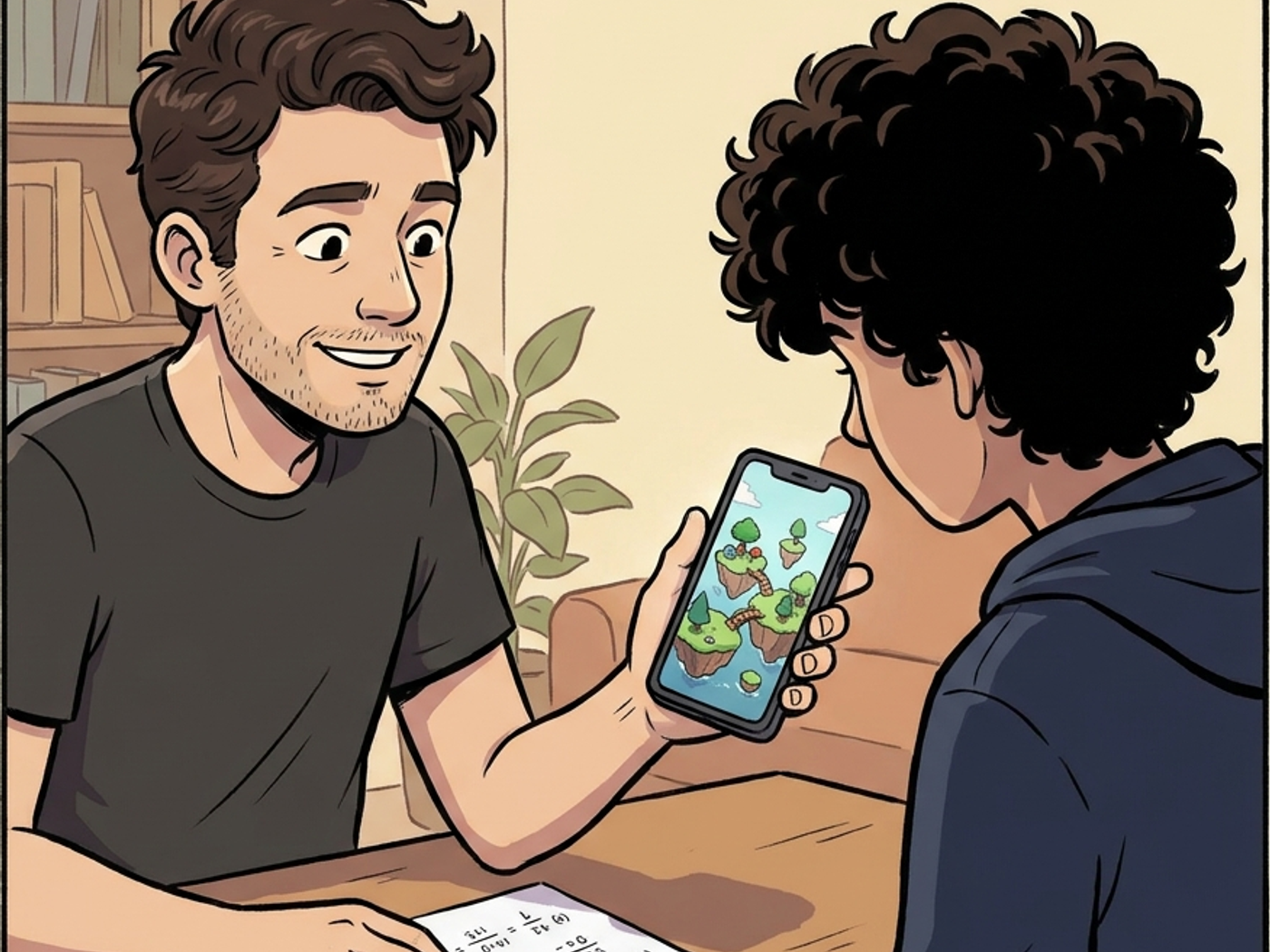 Hands photographing a maths worksheet, a small game world appearing on the phone screen