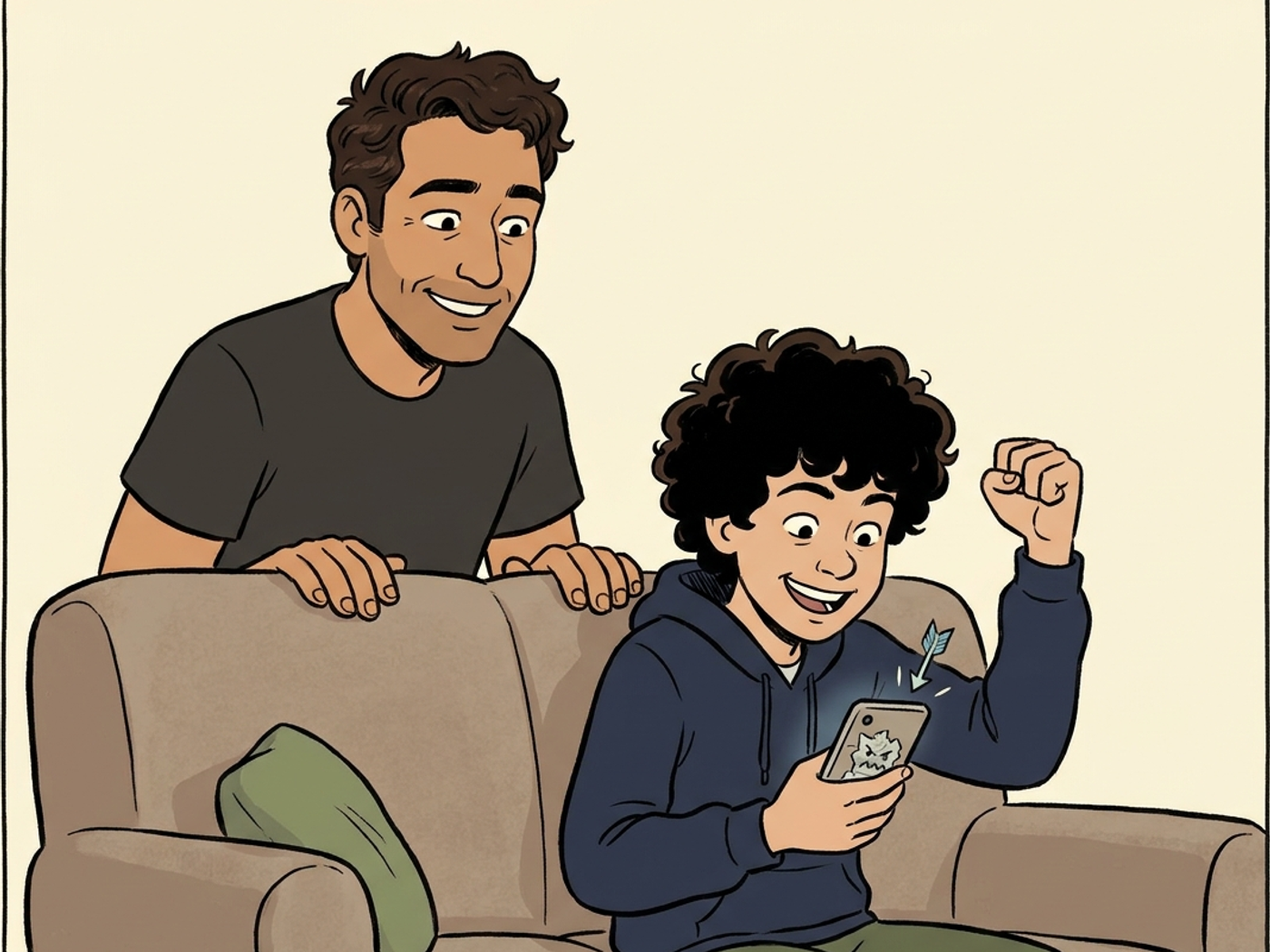 The son on the sofa punching the air, having beaten the boss on his phone