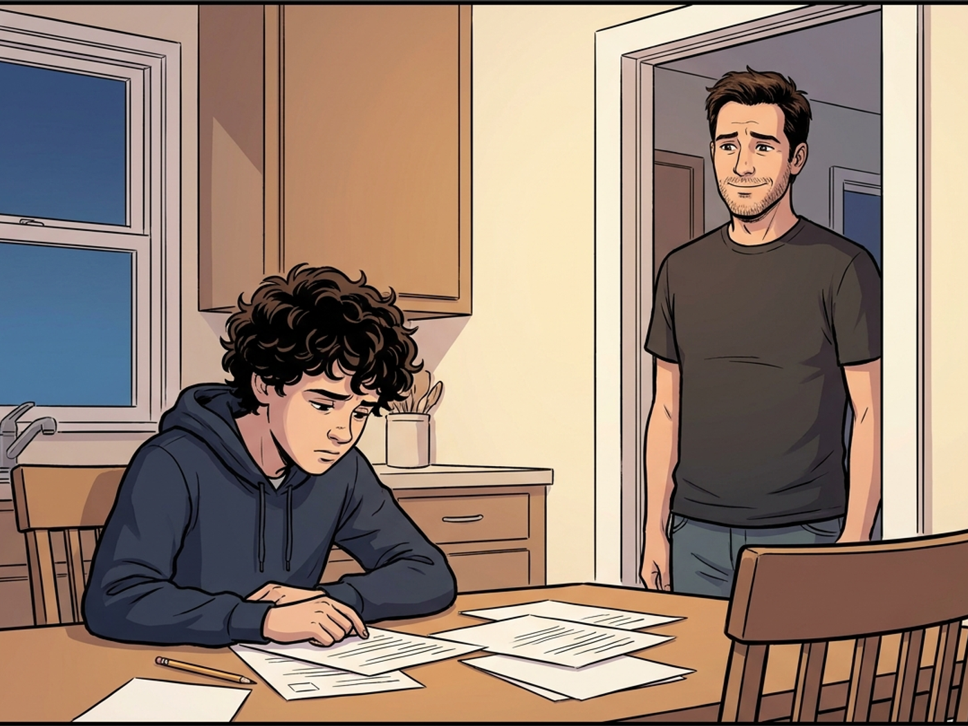 The son alone at the table looking discouraged while his dad watches from the doorway