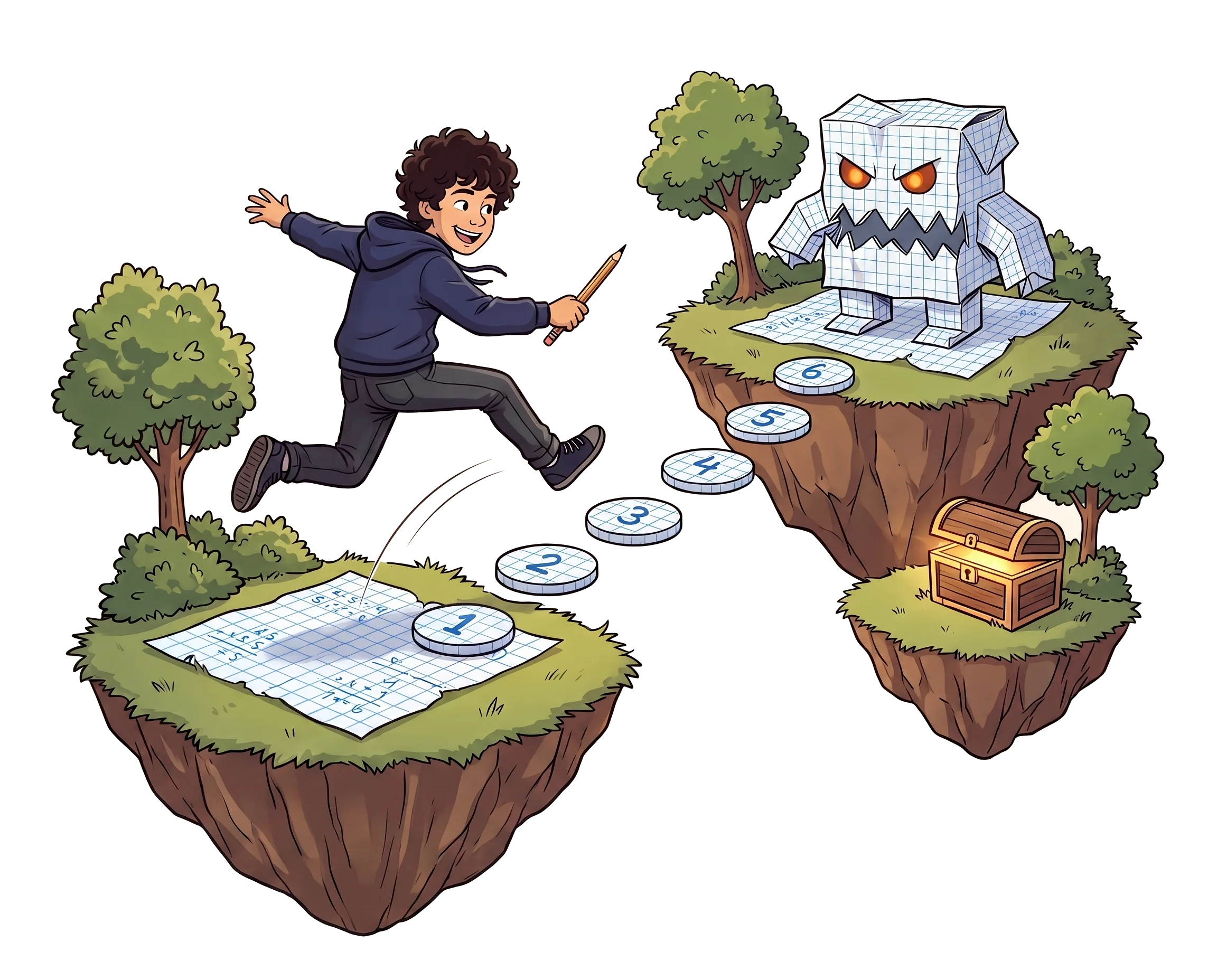 A boy leaping between floating islands built out of his own maths homework, a pencil in his hand, heading for a monster folded out of graph paper